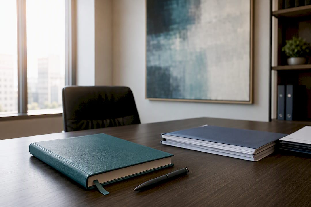 Close up of compliance officer s desk setup