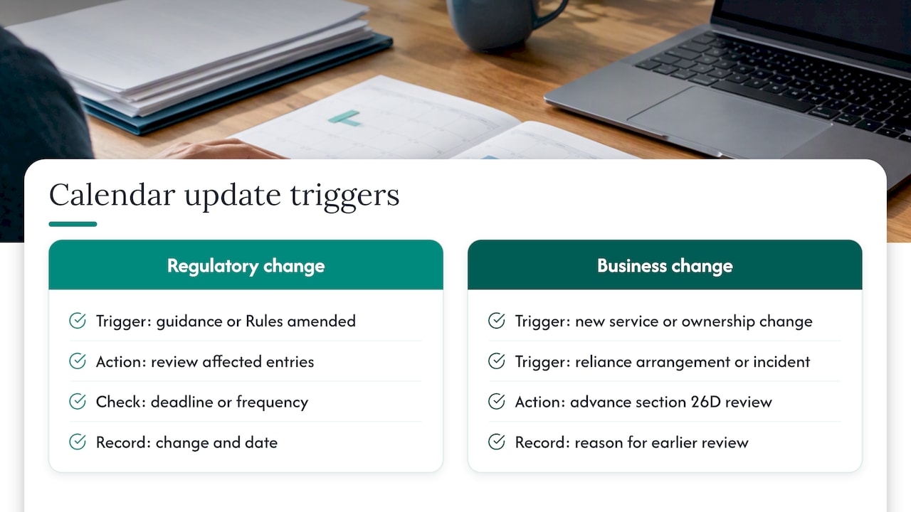 Calendar update triggers: regulatory change and business change