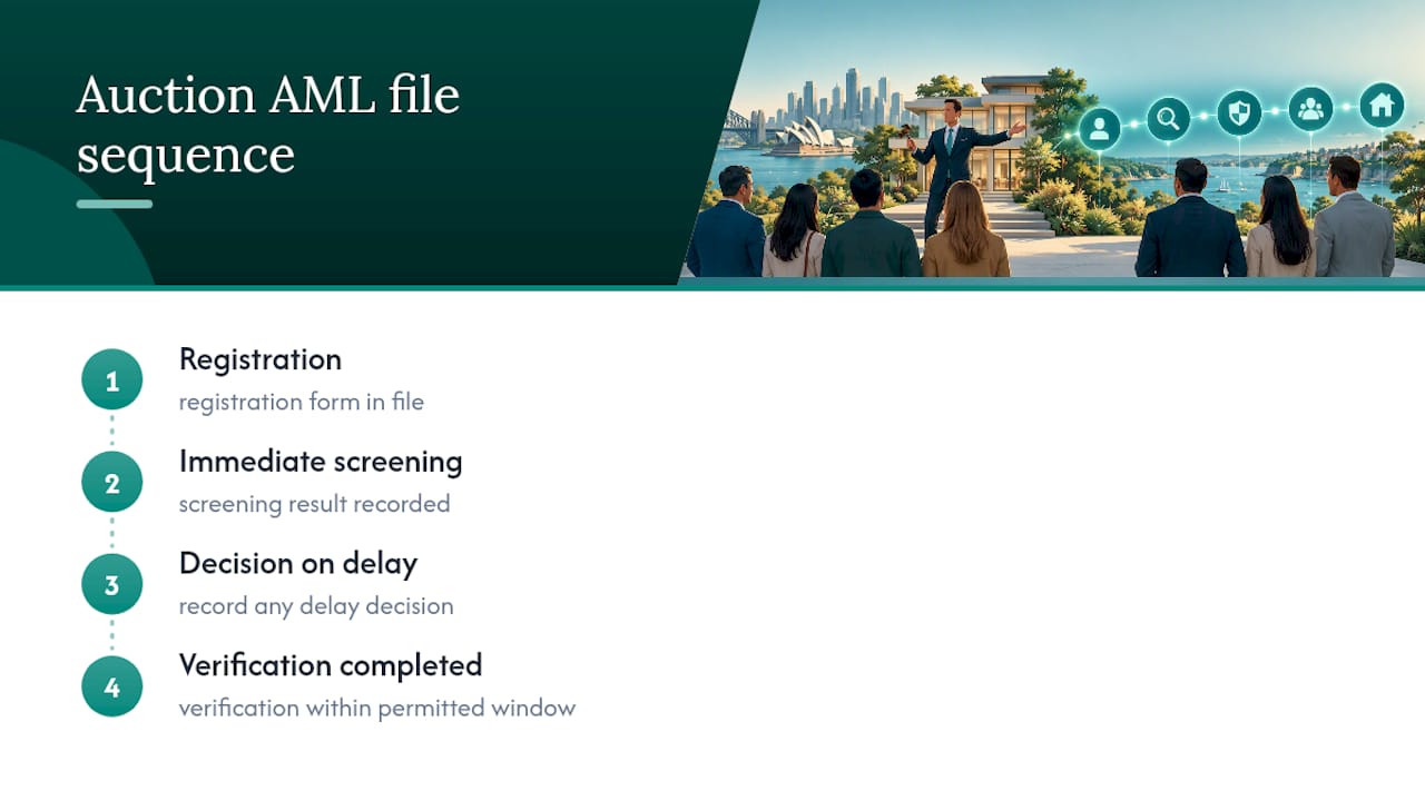 Auction AML file sequence: registration, immediate screening, decision on delay, verification completed