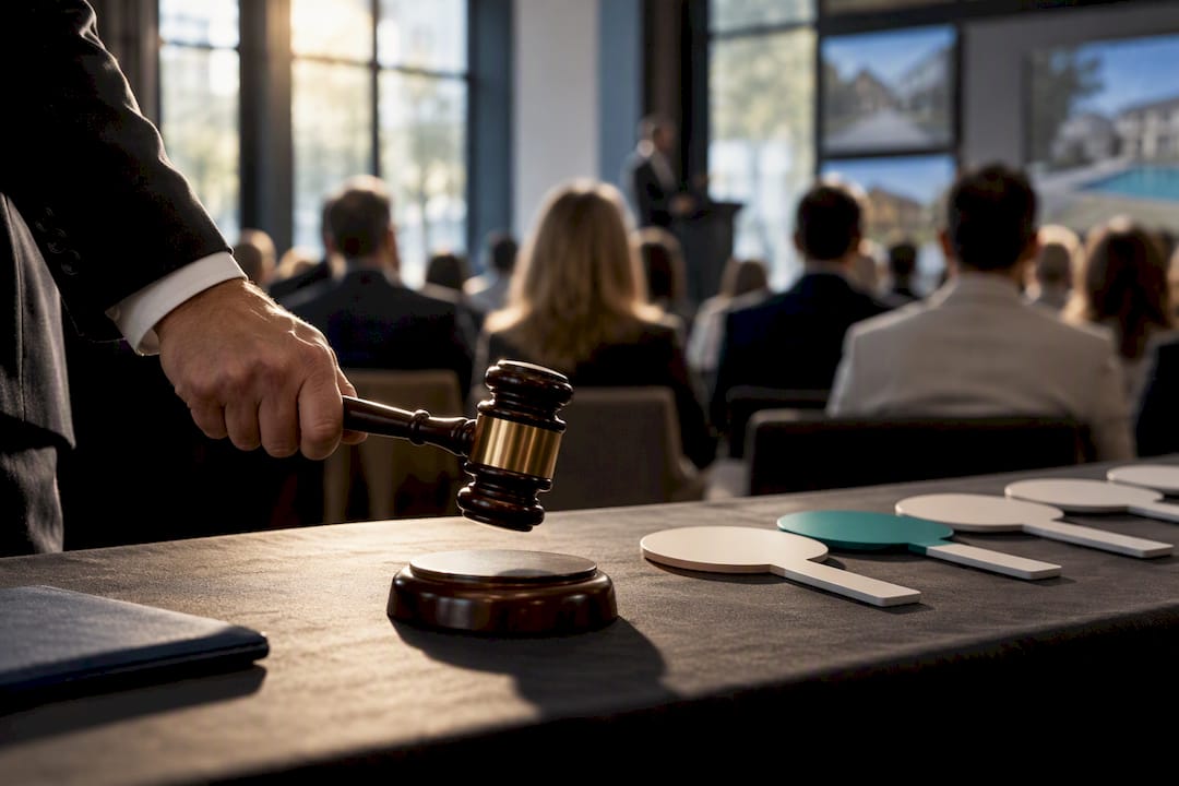 Gavel and bidder paddles at property auction