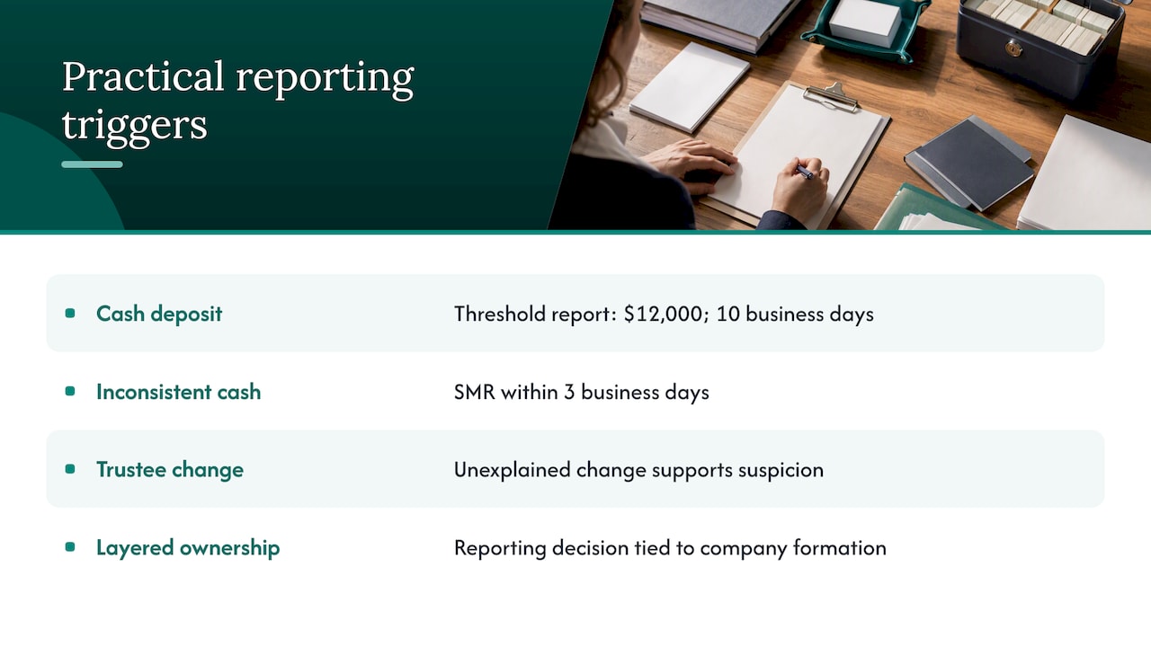 Practical reporting triggers: cash deposit, inconsistent cash, trustee change, layered ownership