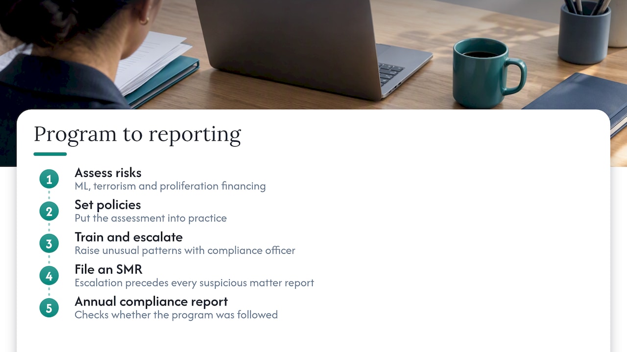 From program to reporting: assess risks, set policies, train and escalate, file an SMR, annual report