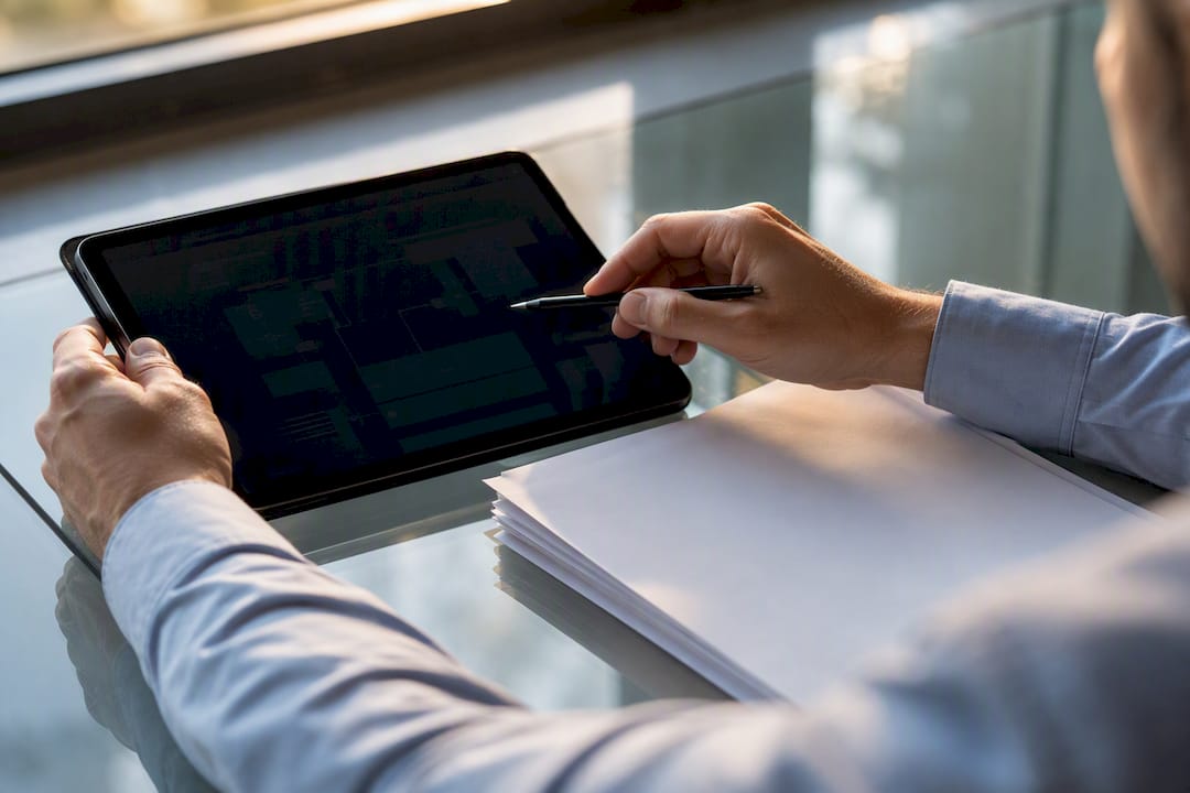Hands tracing company ownership with tablet and ASIC extract