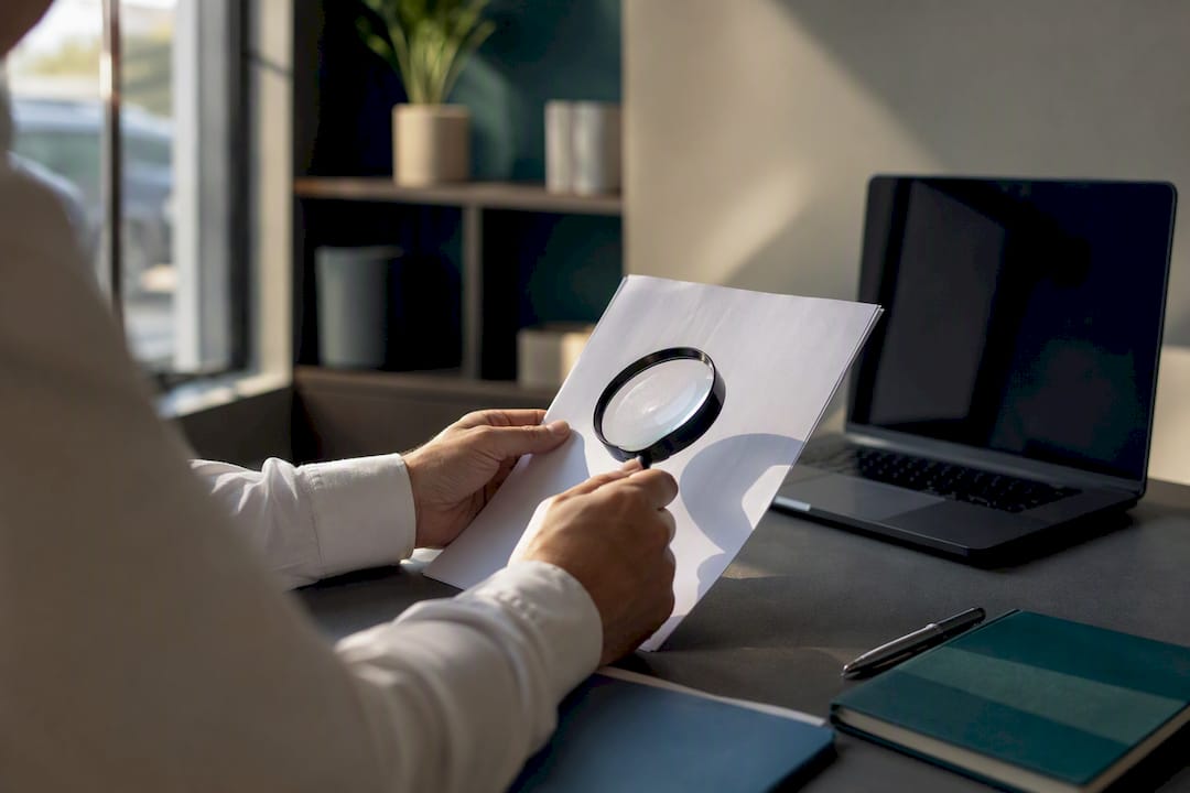 Hands inspecting company extract with magnifying glass