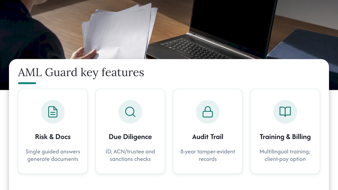 AML Guard features: linked program documents, due diligence, 8-year audit trail, training and client-pays