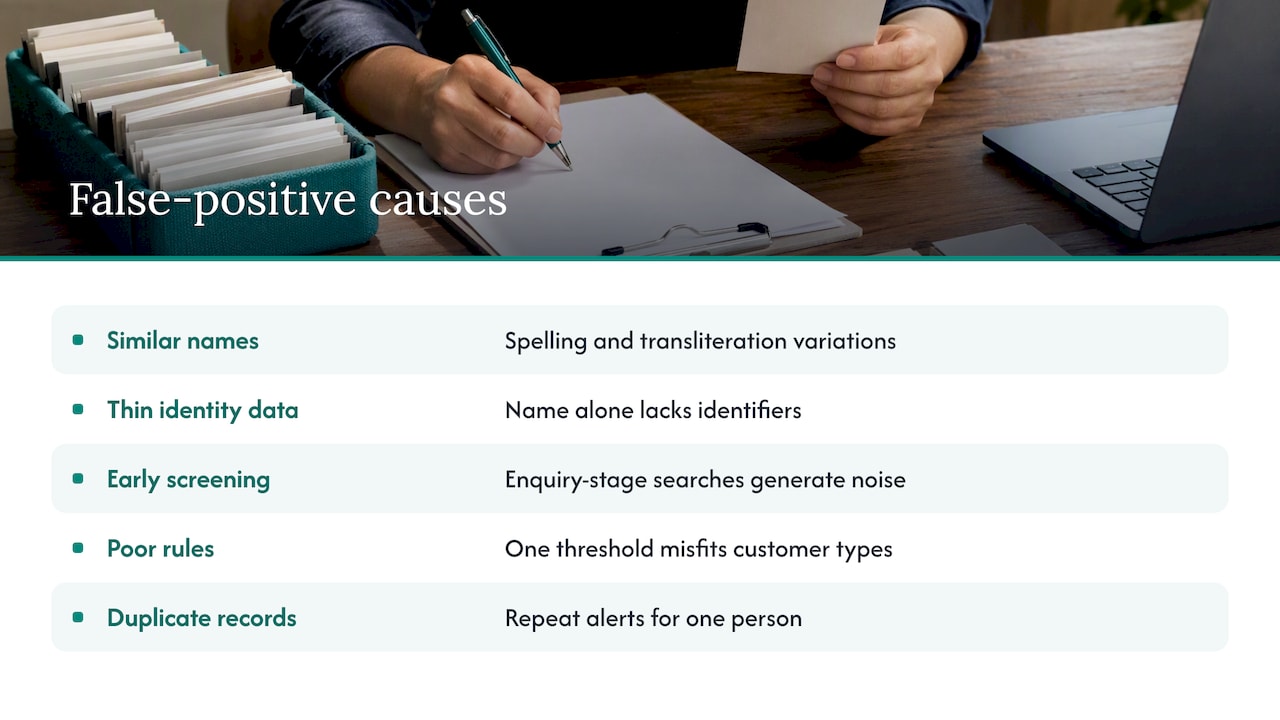 Five causes of false-positive screening alerts