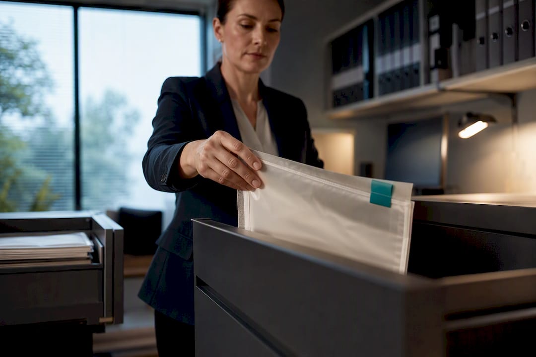 Compliance professional sorting retained KYC records