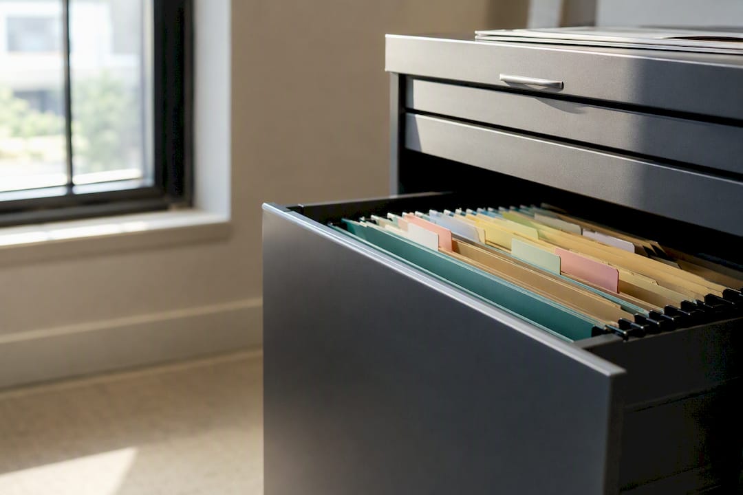 Open filing cabinet with compliance folders