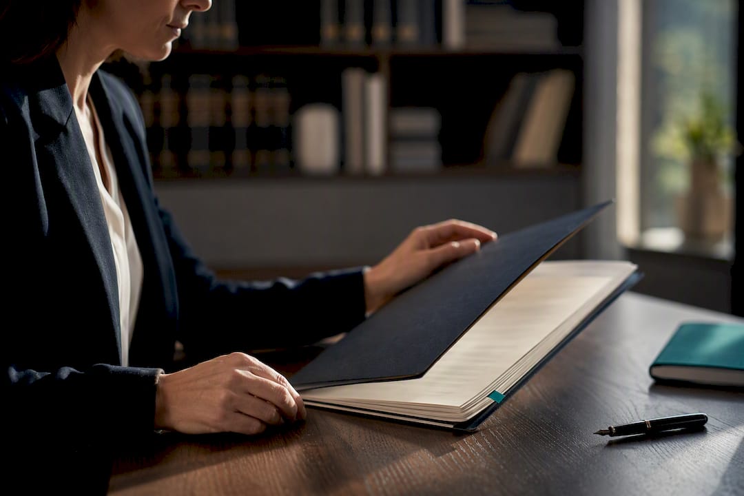 Solicitor reviewing a trust deed folder